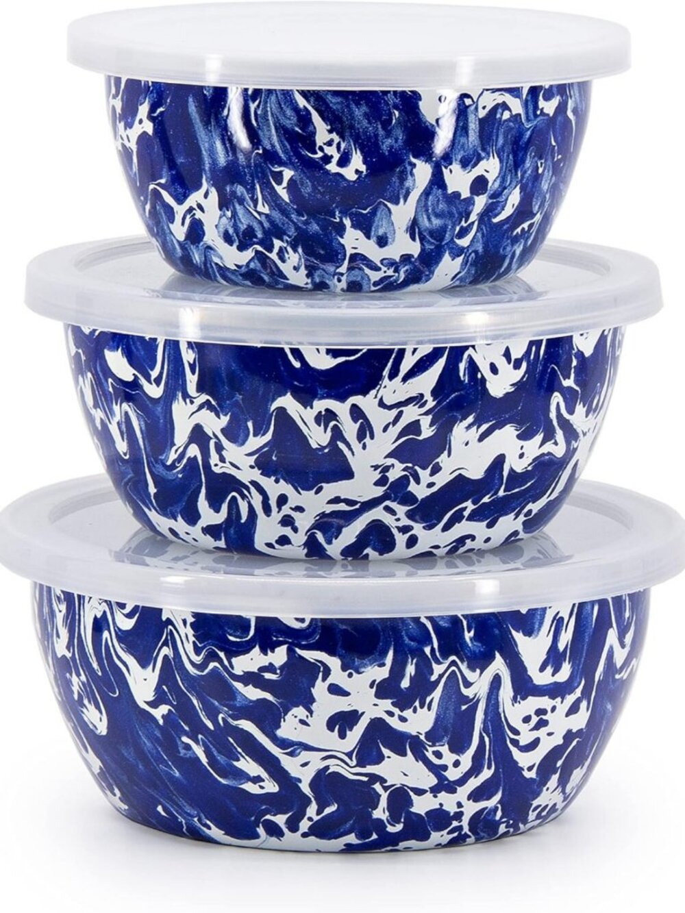 Cobalt Swirl Enamel Nesting Bowls Set of 3 with Lids - Stylish Storage Solution
